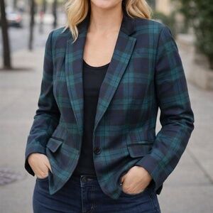 $179 NWT Women's Talbots Velvet Trim Black Watch Plaid Blazer Jacket Size 14
